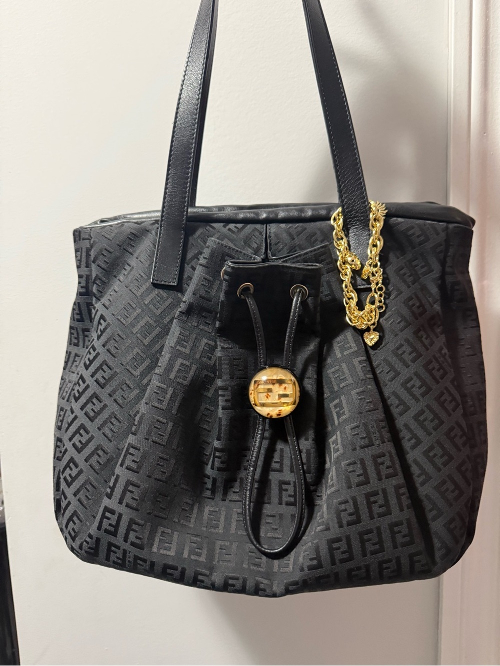 Fendi Black Logo Drawstring Tote with Gold Accent